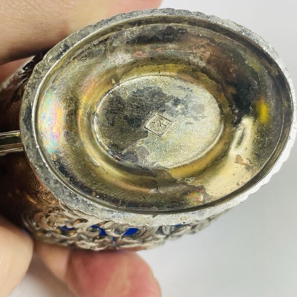 Antique Silver Plated Rose Floral Design Cobalt Blue Lined Sugar And Creamer Set - Picture 15 of 16